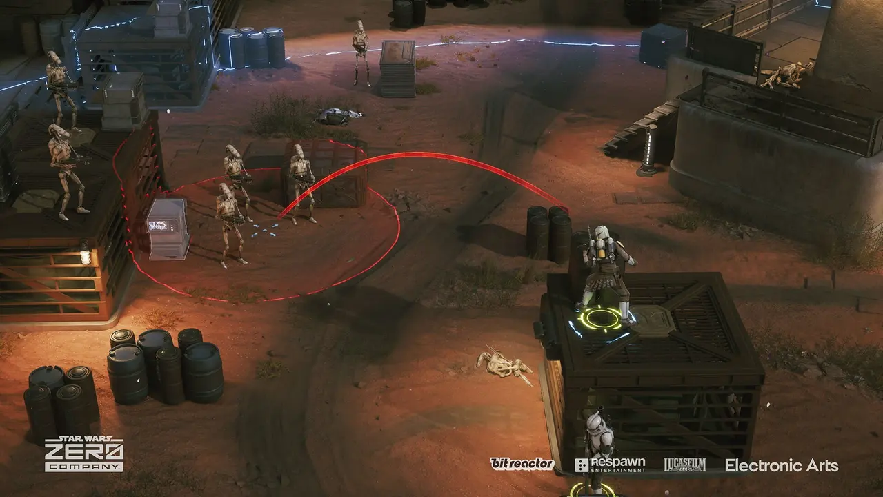 A clone trooper facing a group of battle droids