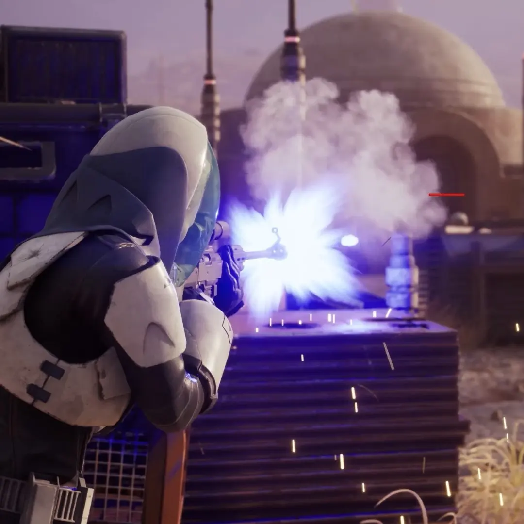 An operator aims a blaster rifle in an Zero Company combat overview still
