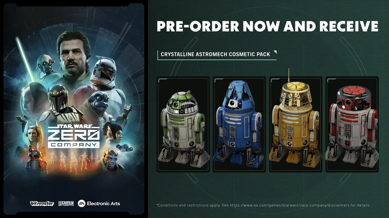 Zero Company preorder artwork showing four colored astromech droids with the Crystalline Astromech Cosmetic Pack bonus.