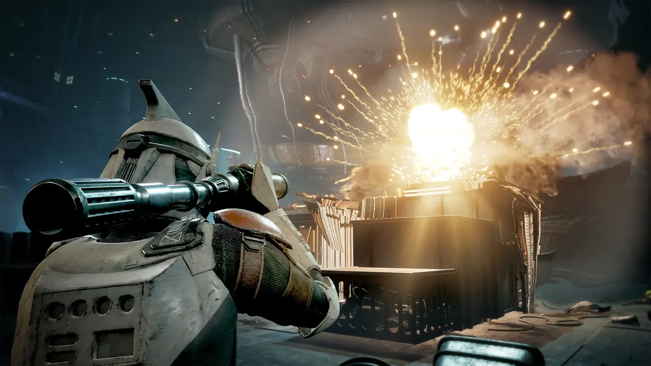 A clone trooper fires a rocket launcher as an explosion erupts